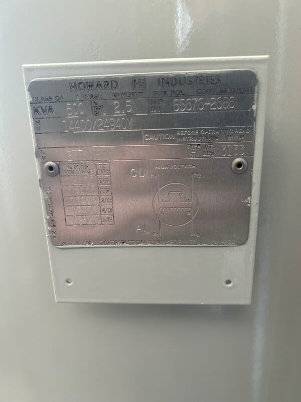 500 KVA 14400/24900 Primary, 277/480 Secondary, Howard, oil-filled, 1-phase (3 available) - Image 2
