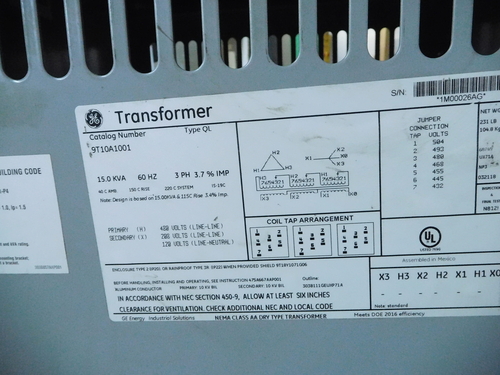 15 KVA 480 Primary, 208/120 Secondary, General Electric 9T10A1001, type QL, 1 yr warranty - Image 3