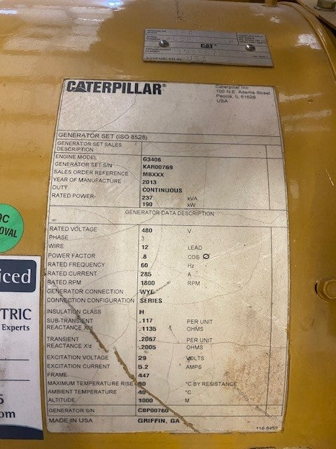 190 KW Caterpillar #3406, continuous gensets, Natural Gas, 480 Volts refurbished - Image 2