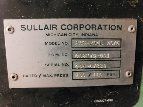 100 psi, Sullair #25S-200L 100, Air Compressor, 200 HP, 1987 - Image 6