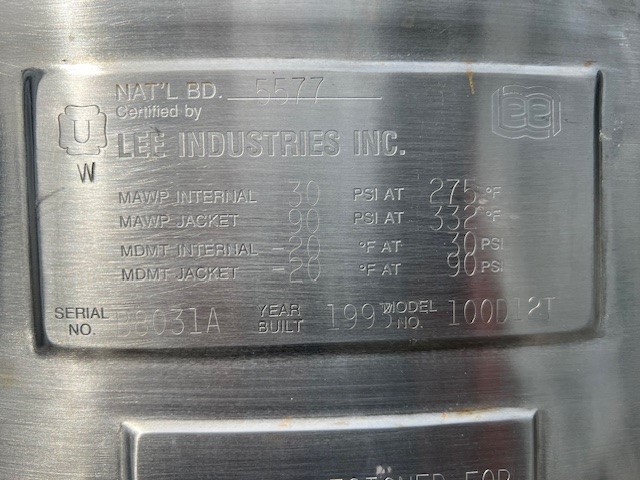 100 gallon Lee #1000D12T, Vacuum Rated Kettle, 90 PSI @ 332°F, 20 HP, 480 V., 3525 RPM, 1993 - Image 5