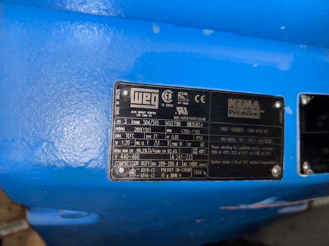 200 HP 1785 RPM WEG, Frame 504/5TSD, 460 Volts, Atlas Copco 1080-4148-09 - Image 3