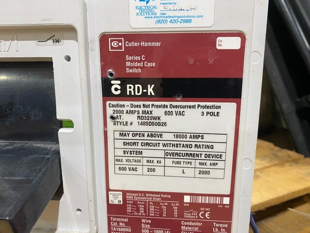 2000 Amps, Cutler-Hammer, RD329WK, Circuit Breaker, 3Ph 600V. - Image 2