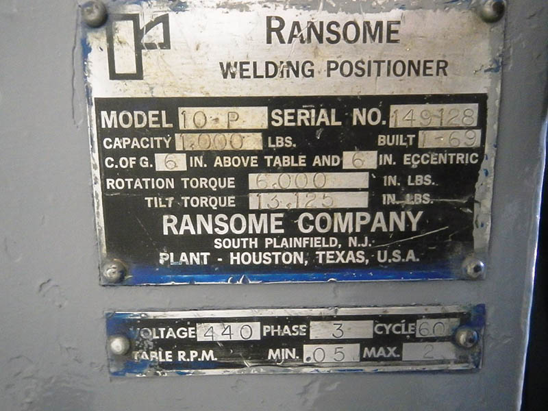 1000 lb. Ransome #10-P, Welding Positioner, 30" diameter Table, 460 V., 1969 - Image 2