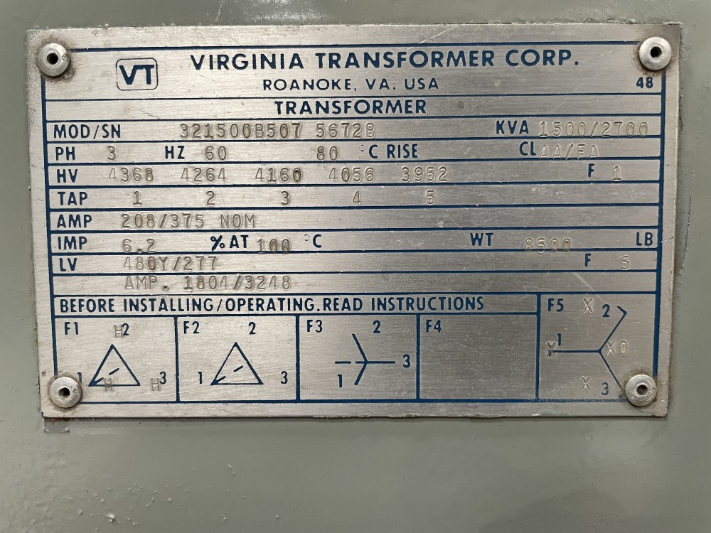 1500/2700 KVA 4160 Pri. 480Y/277 Sec., Virginia Transformer - Image 1
