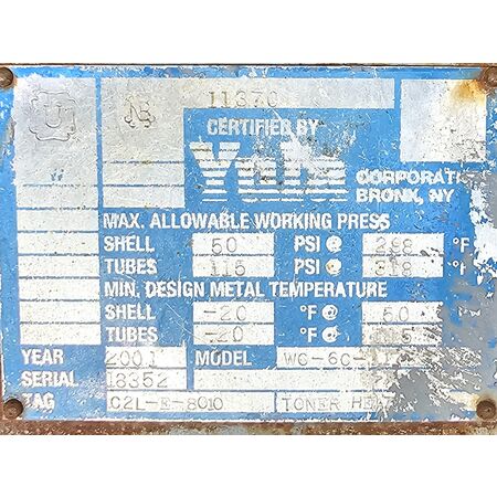 57 sq.ft. 50 PSI Carbon Steel Shell, Yula Corp #WC-6C, 115 PSI Stainless Steel Tubes, 8" outside dimension x - Image 1