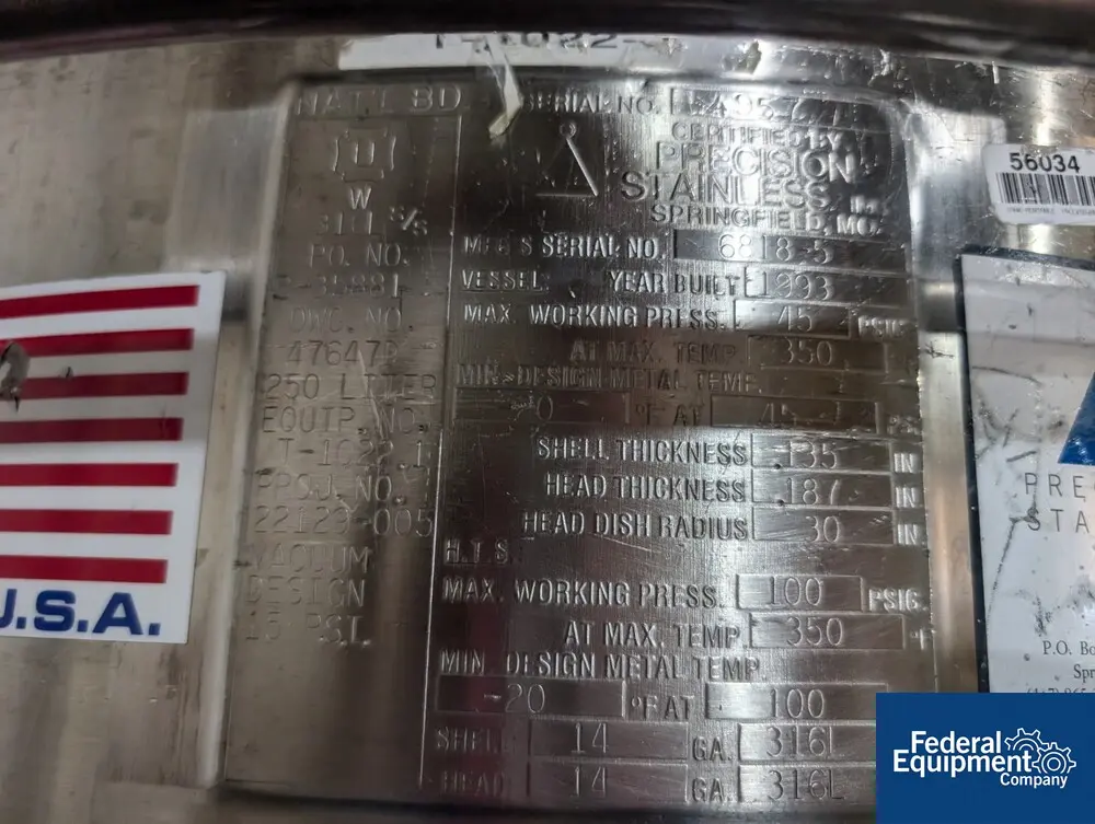 66 gallon Precision, Stainless Reactor, 316L Stainless Steel, 45/100#, 30" diameter x 17" straight side, dish - Image 2