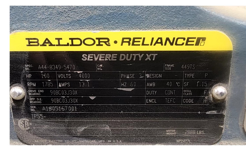 100 HP 1785 RPM Reliance, Frame 449TS, A1605167001 - Image 1