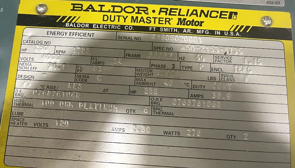 250 HP 1788 RPM Reliance, Frame 5008Z, K1605020001 - Image 1