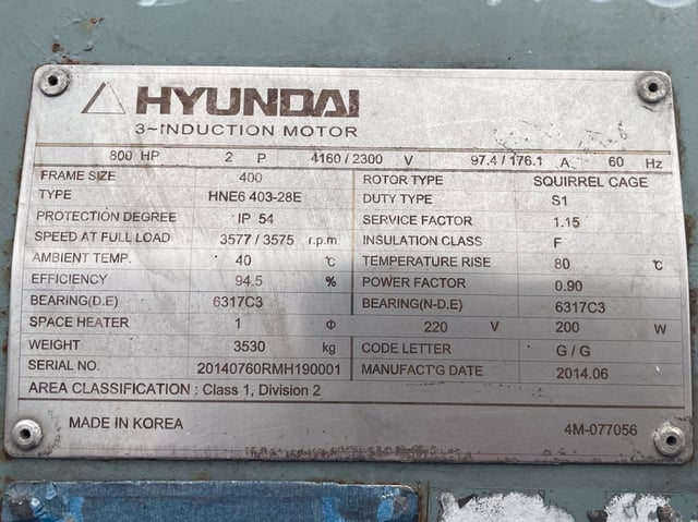 800 HP 3600 RPM Hyundai, Frame 400, TEFC BB, 2300/4160 Volts, New Surplus - Image 3