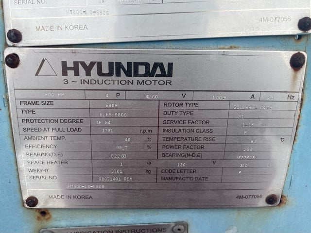 800 HP 1800 RPM Hyundai, Frame 6809, TEFC BB, 2300/4160 Volts New Surplus (2 available) - Image 3