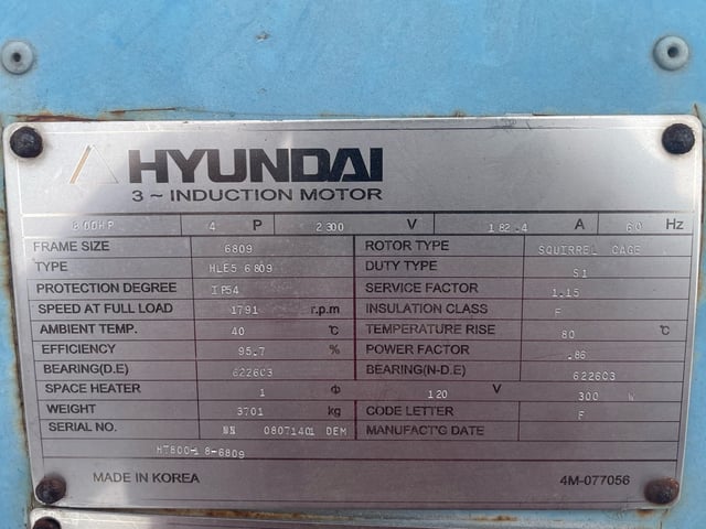 800 HP 1800 RPM Hyundai, Frame 6809, TEFC BB, 2300/4160 Volts New Surplus (2 available) - Image 4