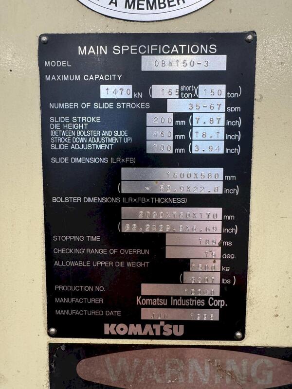 150 Ton, Komatsu #OBW 150-3, Double Crank Gap Frame Press, 82" x 30" Bed, 7.87" Stroke, 65 SPM, 1996 - Image 5