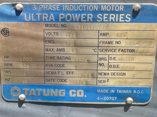 1000 HP 514 RPM Tatung, Frame 500-1250, WPIIBB, 4160 Volts - Image 3