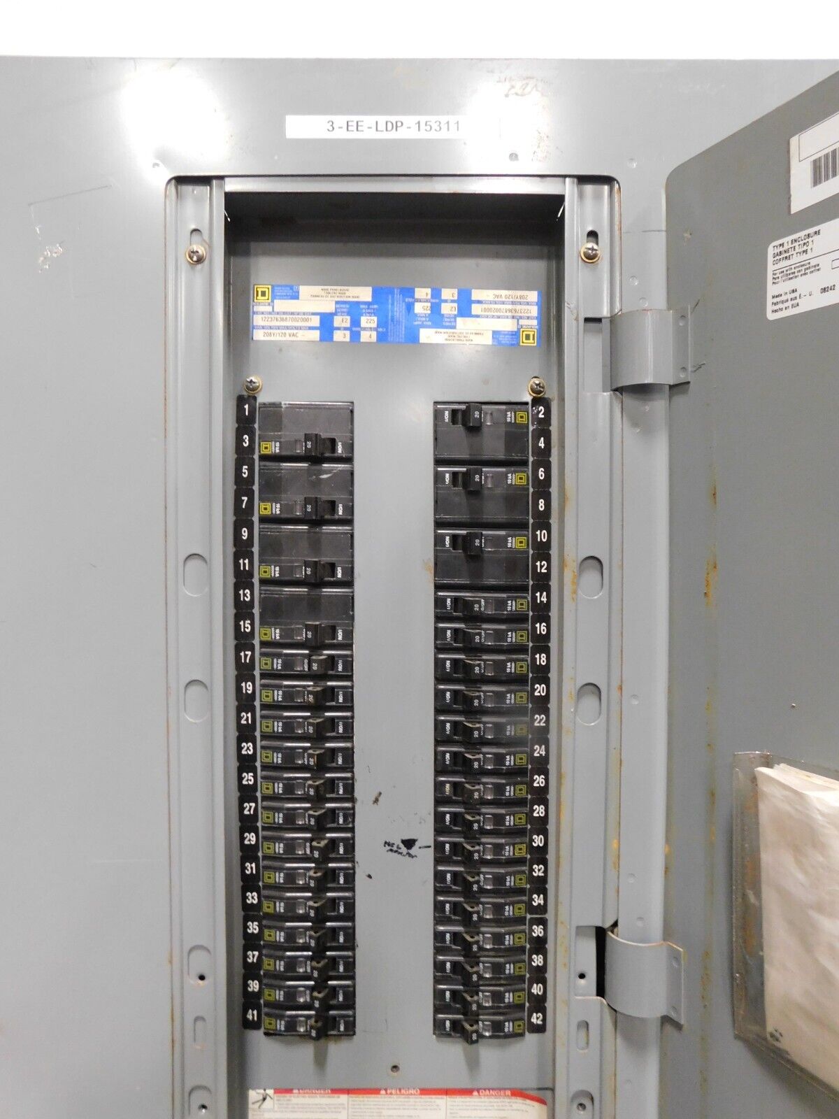 225 Amp. Square D, NQOD panelboard, 4-wire, 120/208Y V.AC, 3 phase