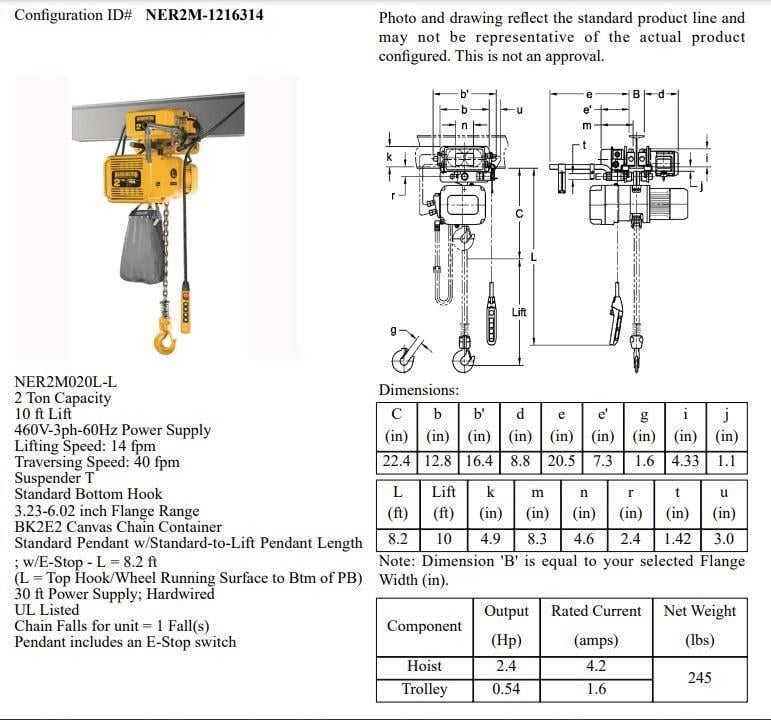2 Ton, Harrington #NER2M020L-L, electric chain hoist, 10' lift, standard bottom hook, NEW - Image 1