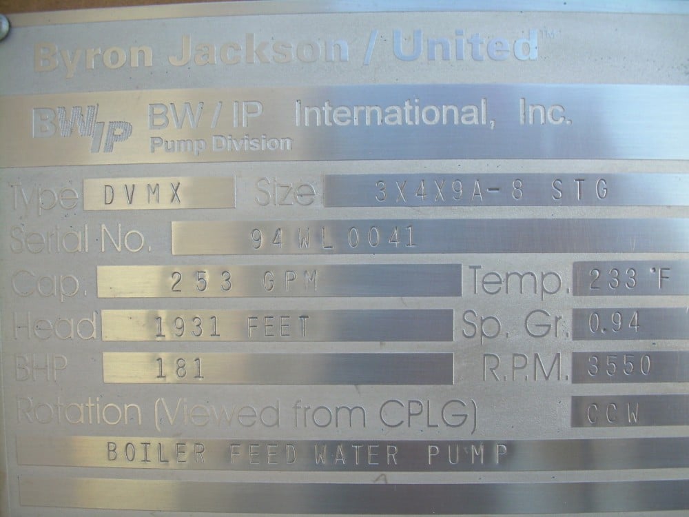250 GPM @ 1950' TDH, Byron-Jackson #DVMX, 3x4x9A, 8-Stage, Stainless, w/200 HP motor - Image 2