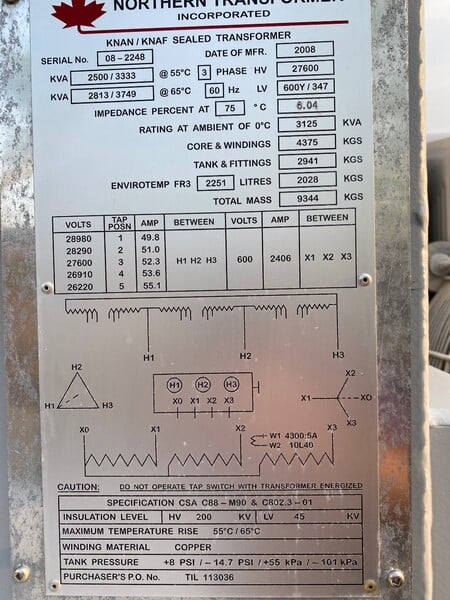 2500/3333 KVA 27600 Delta Primary, 600Y/347 Secondary, 3 phase oil field transformer - Image 1
