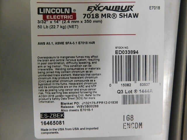Lincoln Electric, Excaliber 7018 MR SHAW ED033894, 3/32" x 14", lot of 20 - Image 9