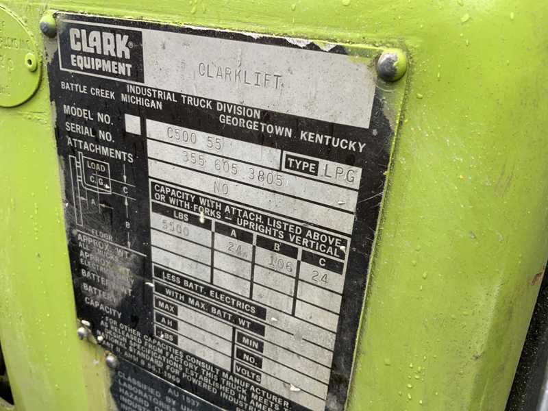 5500 lb. Clark #C500-55, LP gas forklift, 244" lift height, protective roll cage, automatic transmission - Image 6