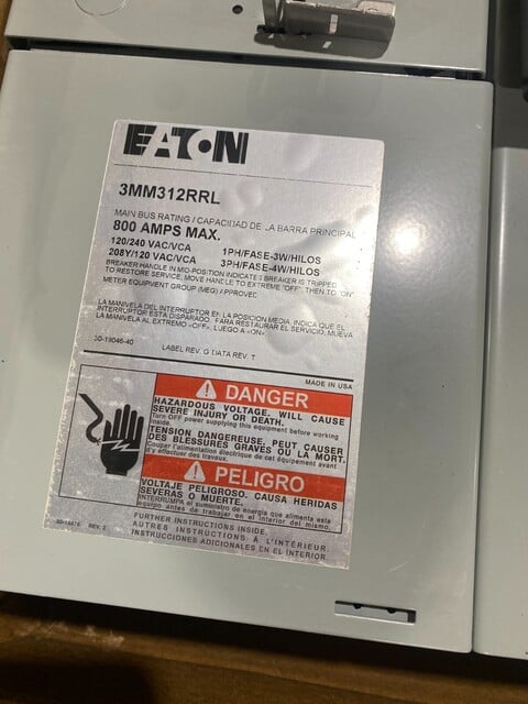 800 Amps, Eaton #3MM312RRL, Meter Stack 800A Max 125A Branch 208Y/120V 3PH 3 Socket - Image 2
