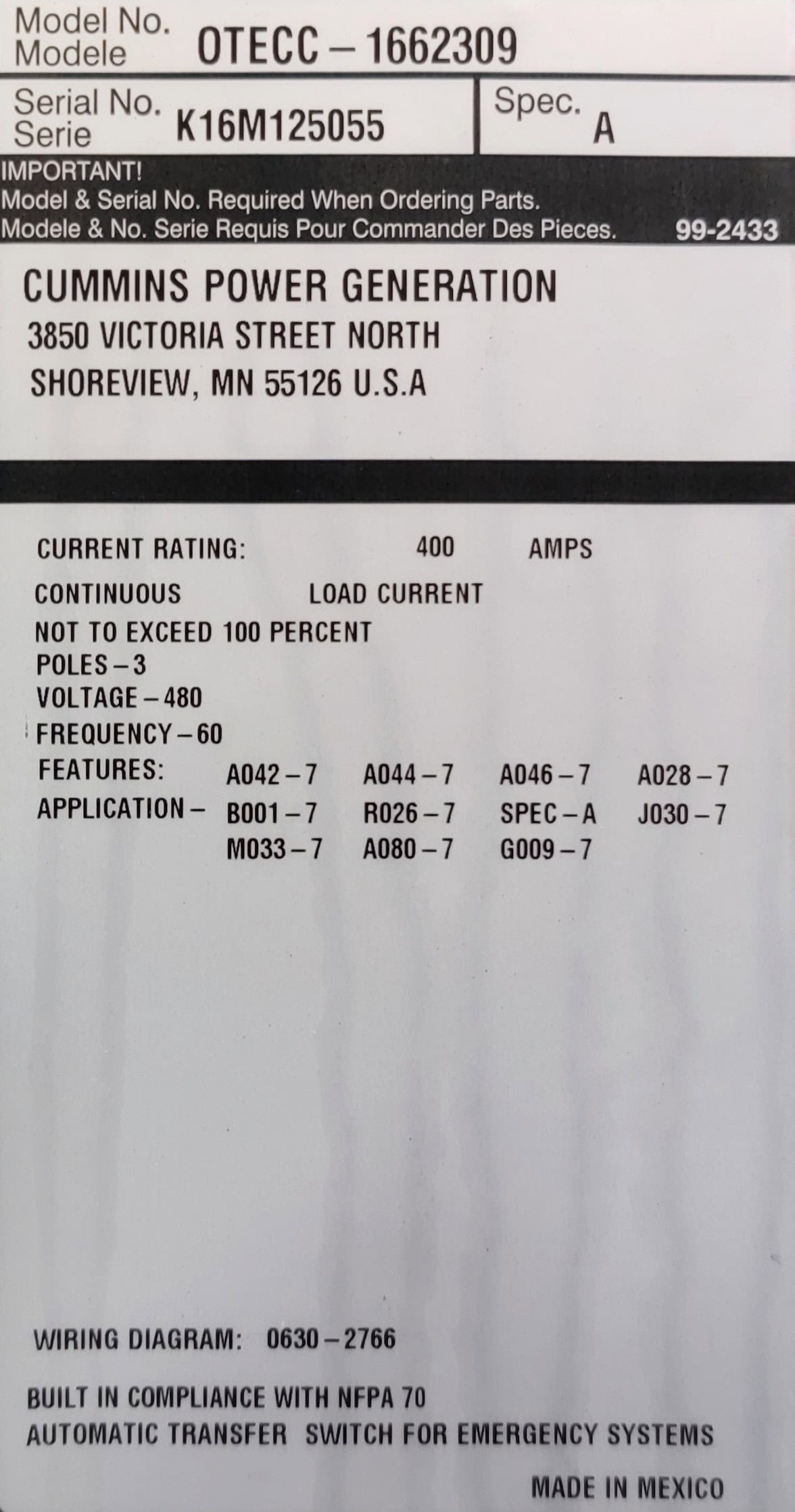 400 Amp. Cummins OTECC-1662309, automatic transfer switch, 480 Volts, 2016 - Image 3