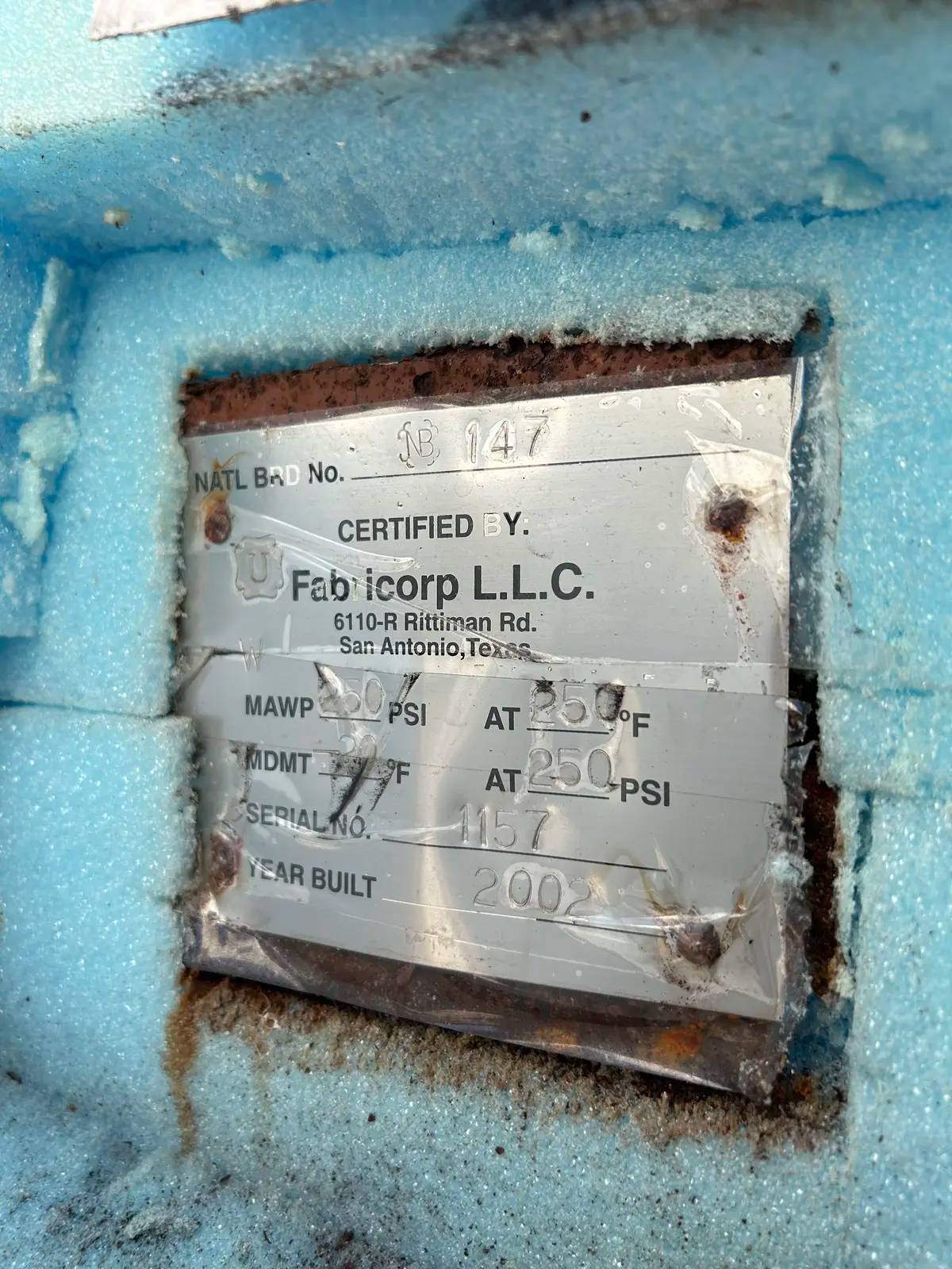 500 Gal., Fabricorp LLC, Horizontal Ammonia Recirculator, 36" diameter x 90" L, 250 PSI @ 250&deg;F, 2002 - Image 8