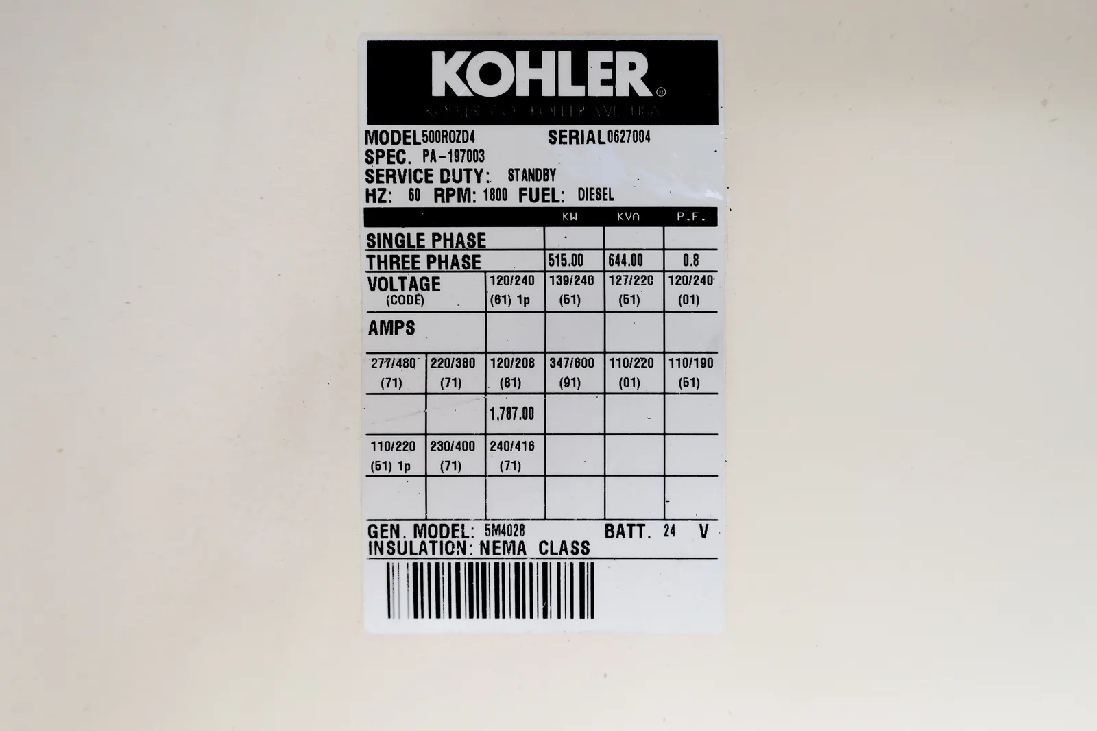 515 KW Kohler #500ROZD4, generator, sound attenuated enclosure, 120/208 Volts, 375 hours, 1999, #091385 - Image 6