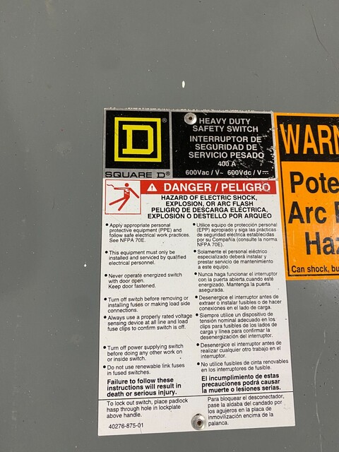 400 Amp. Square D #HU365R, Safety Disconnect Switch, 3P 600V 3PH 350HP 3R Encl. - Image 2