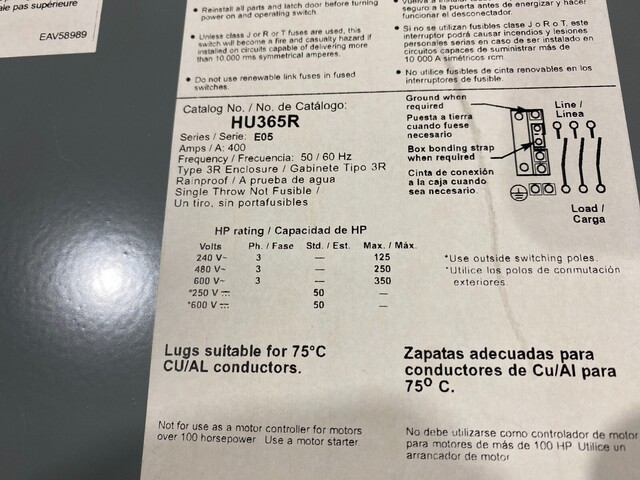 400 Amp. Square D #HU365R, Safety Disconnect Switch, 3P 600V 3PH 350HP 3R Encl. - Image 7