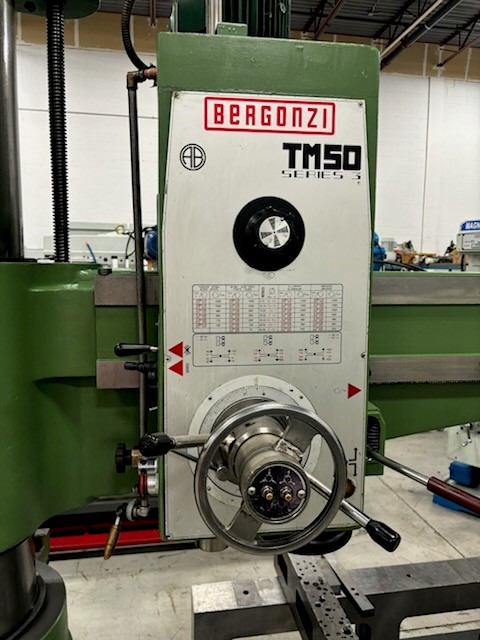 5' -13-3/8" Bergonzi #TM50/1600, radial arm drill, hydraulic clamping, power elevation, coolant system - Image 2