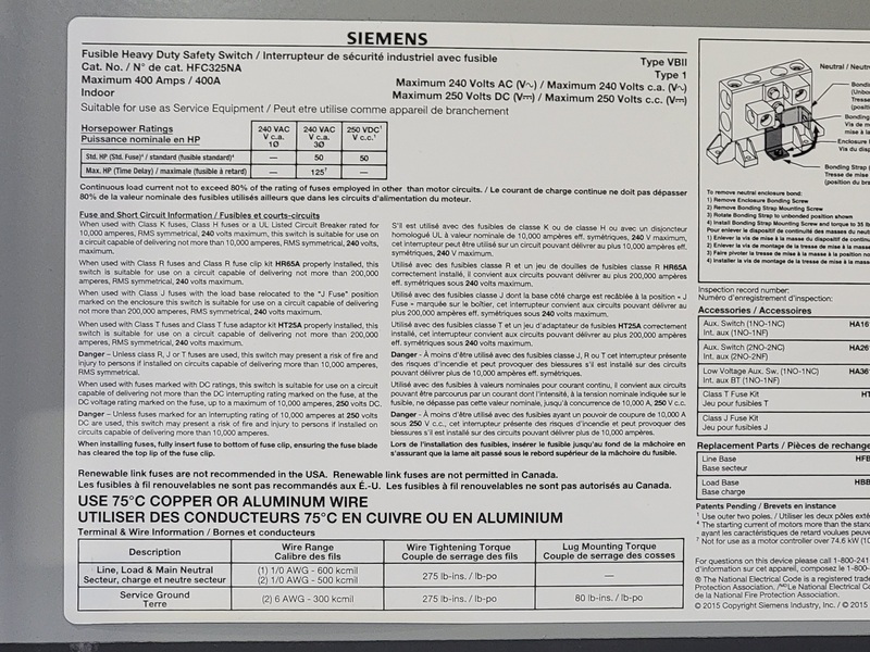 400 Amp. Siemens, HFC325NA, fused disconnect, 3-pole, 240 Volts, new surplus - Image 8