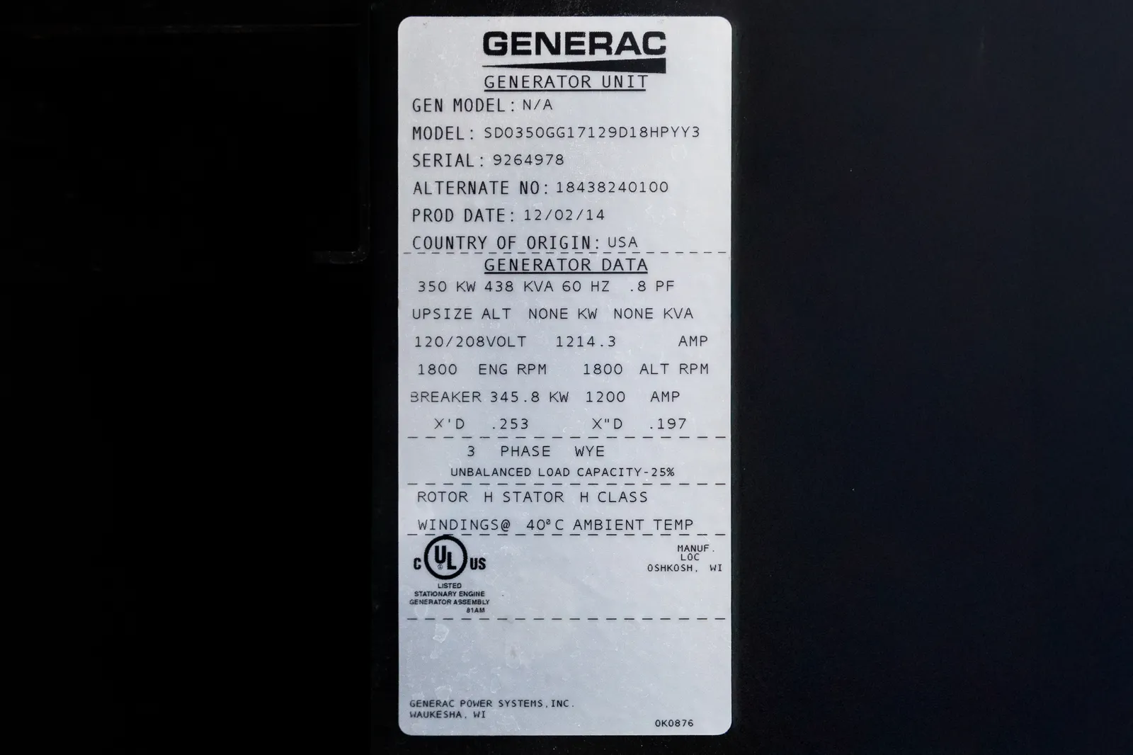 350 kW Generac #SD350 Diesel Generator, 120/208 Volts, 289 Hours, 1400 Gallon Tank, 2014 - Image 5
