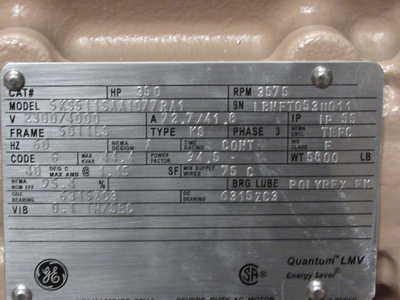 350 HP 3600 RPM General Electric, Frame 5011LS, TEFC, BB, new, 2300/4160 Volts - Image 1