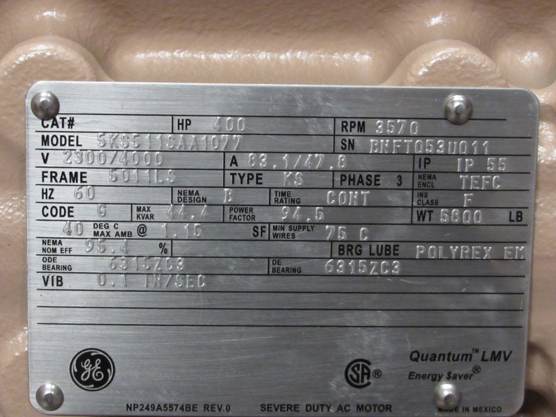 400 HP 3600 RPM General Electric, Frame 5011LS, TEFC, BB, new, 2300/4160 Volts - Image 1