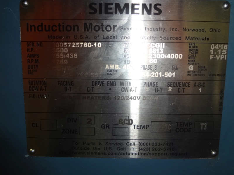 3500 HP 1800 RPM Siemens, Frame 6813, weather protected enclosure type 2, SB, new, 2300/4000 Volts - Image 2