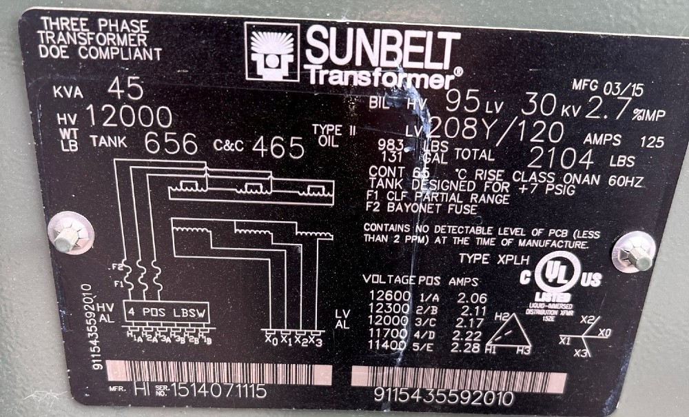 45 KVA 12000 Delta Primary, 208Y/120 Secondary, Sunbelt Solomon, RTS - Image 1