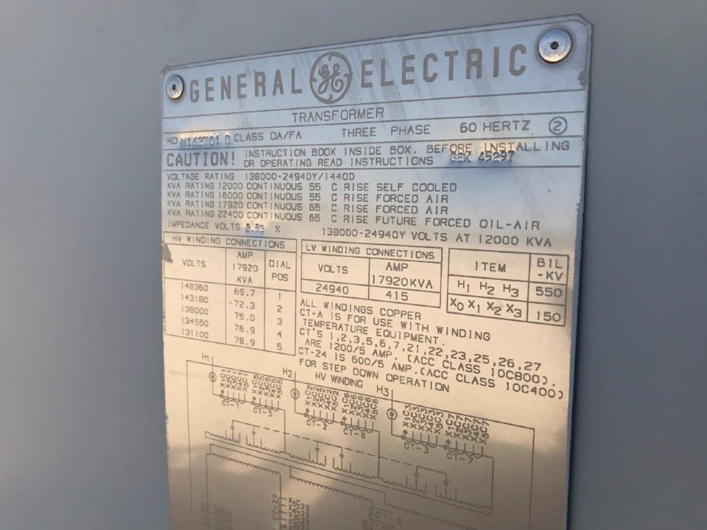 12000/22400 KVA 138000 Delta Primary, 24940Y/14400 Secondary, General Electric - Image 1