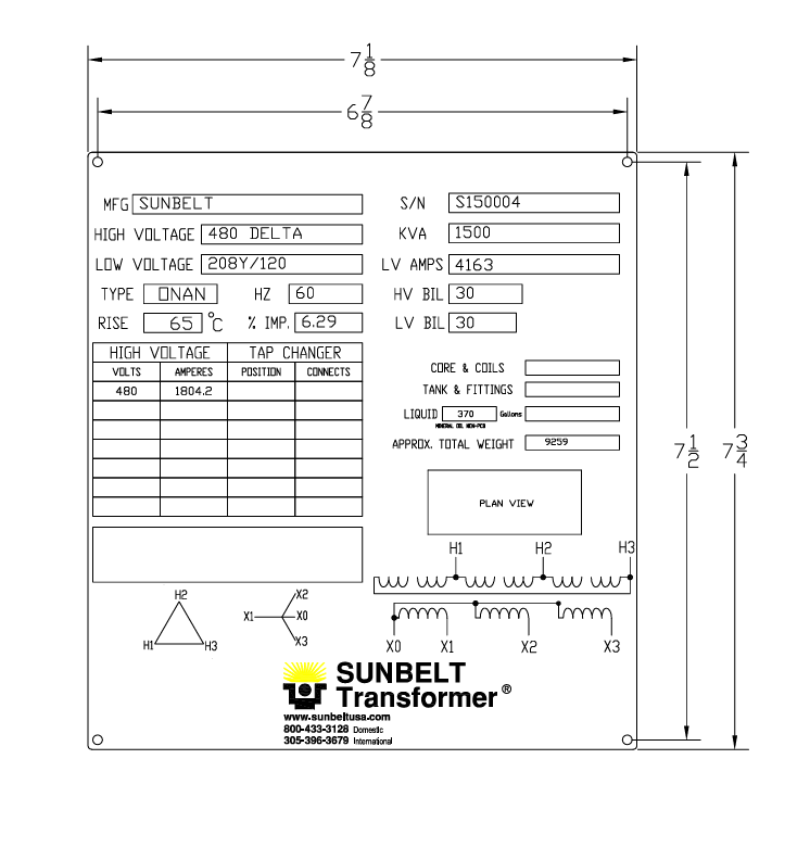 1500 KVA 480 Delta Primary, 208Y/120 Secondary, Sunbelt - Image 1