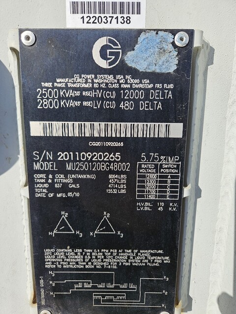 2500/2800 KVA 12000 Delta Primary, 480 Delta Secondary, CG - Image 1