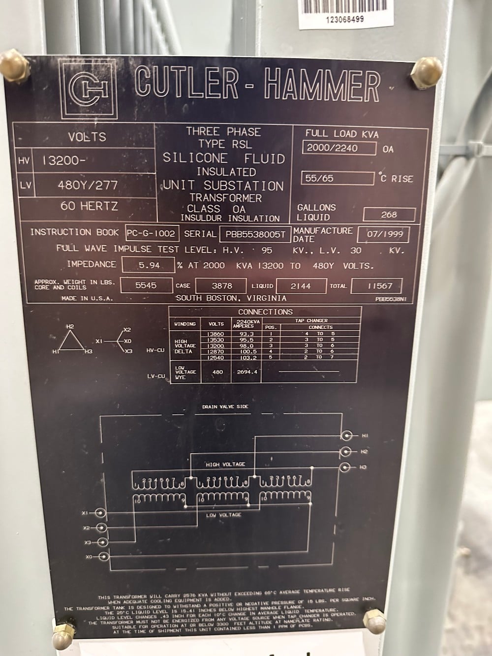2000/2240 KVA 13200 Delta Primary, 480Y/277 Secondary, Cutler-Hammer - Image 1