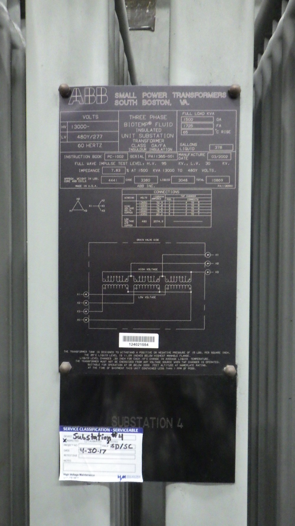 1500/1725 KVA 13000 Delta Primary, 480Y/277 Secondary, ABB - Image 1