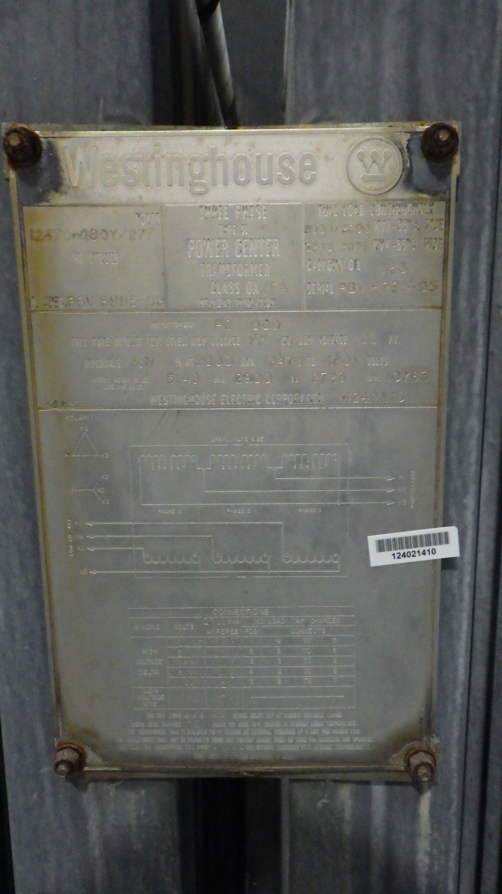 2000/2576 KVA 12470 Delta Primary, 480Y/277 Secondary, Westinghouse - Image 1