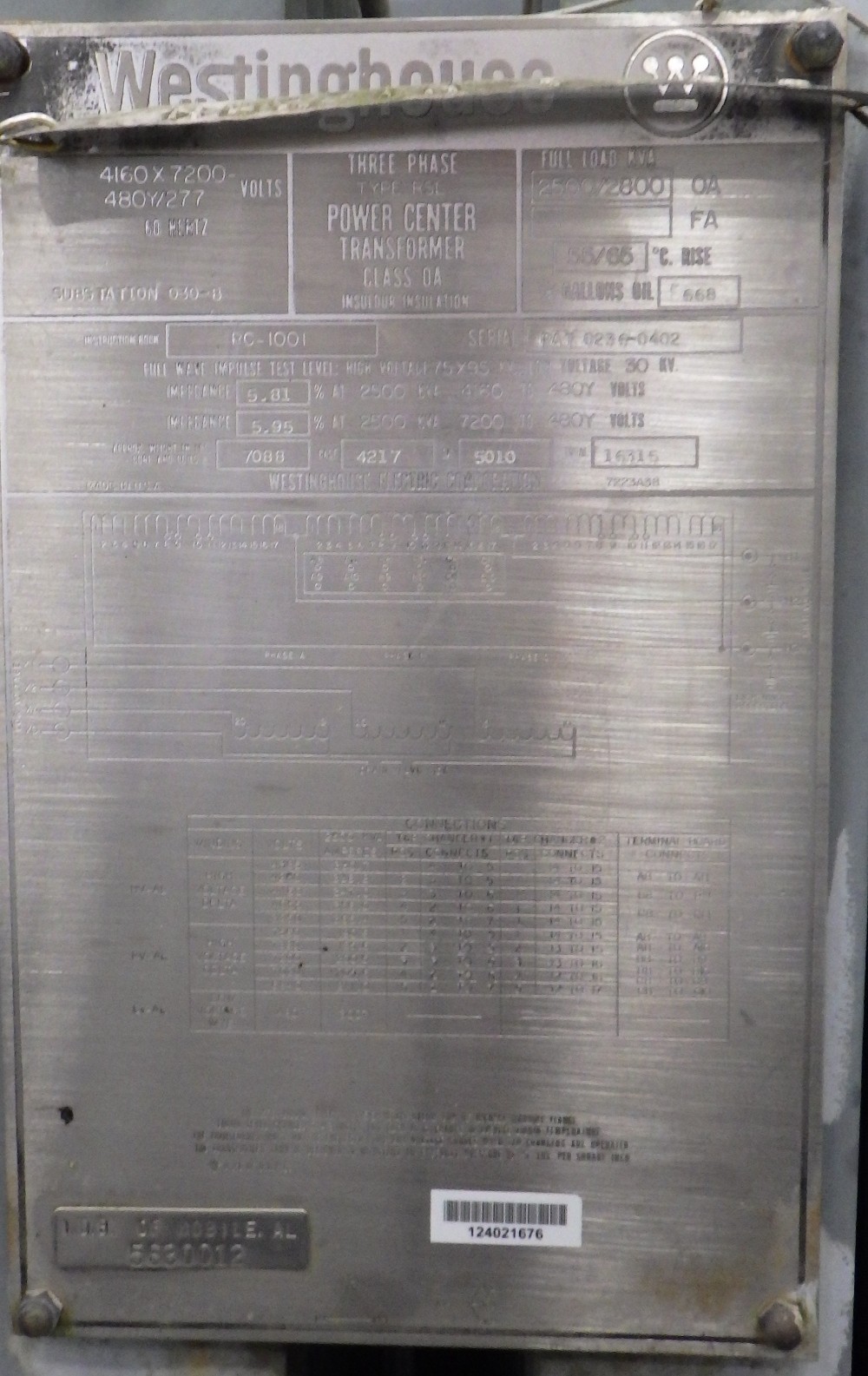 2500/2800 KVA 4160/7200 Delta Primary, 480Y/277 Secondary, Westinghouse - Image 1