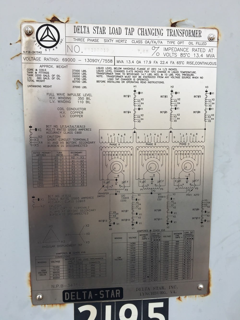 13400/22400 KVA 69000 Delta Primary, 13090Y/7558 Secondary, Delta Star, w/LTC - Image 1