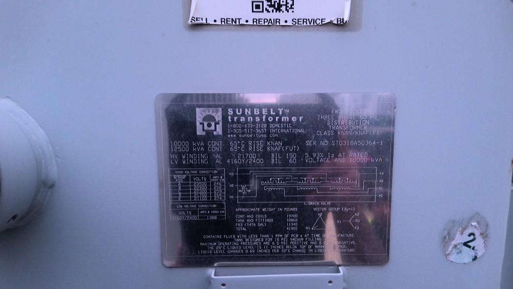 10000/12500 KVA 21700 Delta Primary, 4160Y/2400 Secondary, Sunbelt - Image 1