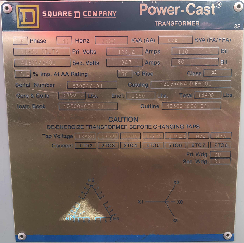 2500 KVA 13200 Delta Primary, 4160Y/2400 Secondary, Square D, Dry - Image 1