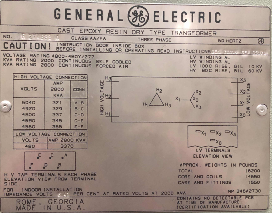 2000/2800 KVA 4800 Delta Primary, 480Y/277 Secondary, General Electric, Dry - Image 1