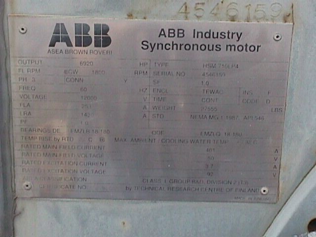 6920 HP 1800 RPM ABB, Type HSM710LP4, TEWAC, 12000 Volts - Image 1
