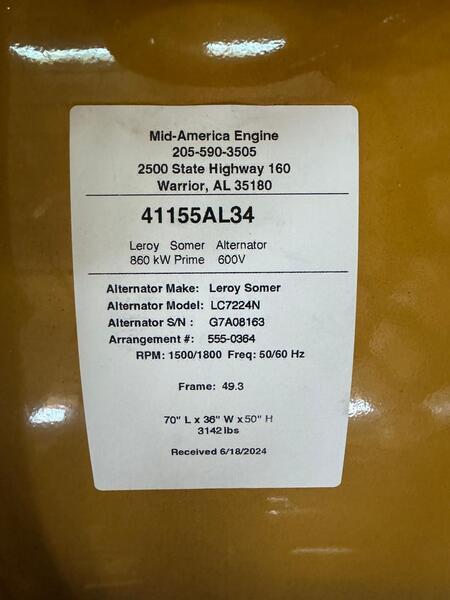 860 KW, Alternators / Genends, 600 Volts, Frame 49.3, 2021 (2 available) - Image 3